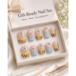 Fresh Garden Short‑Square Press‑On Nails, Yellow‑Blue Contrast Polka‑Dot French False Nails with 3D Flowers, Teardrop Rhinestones & Gold Beads